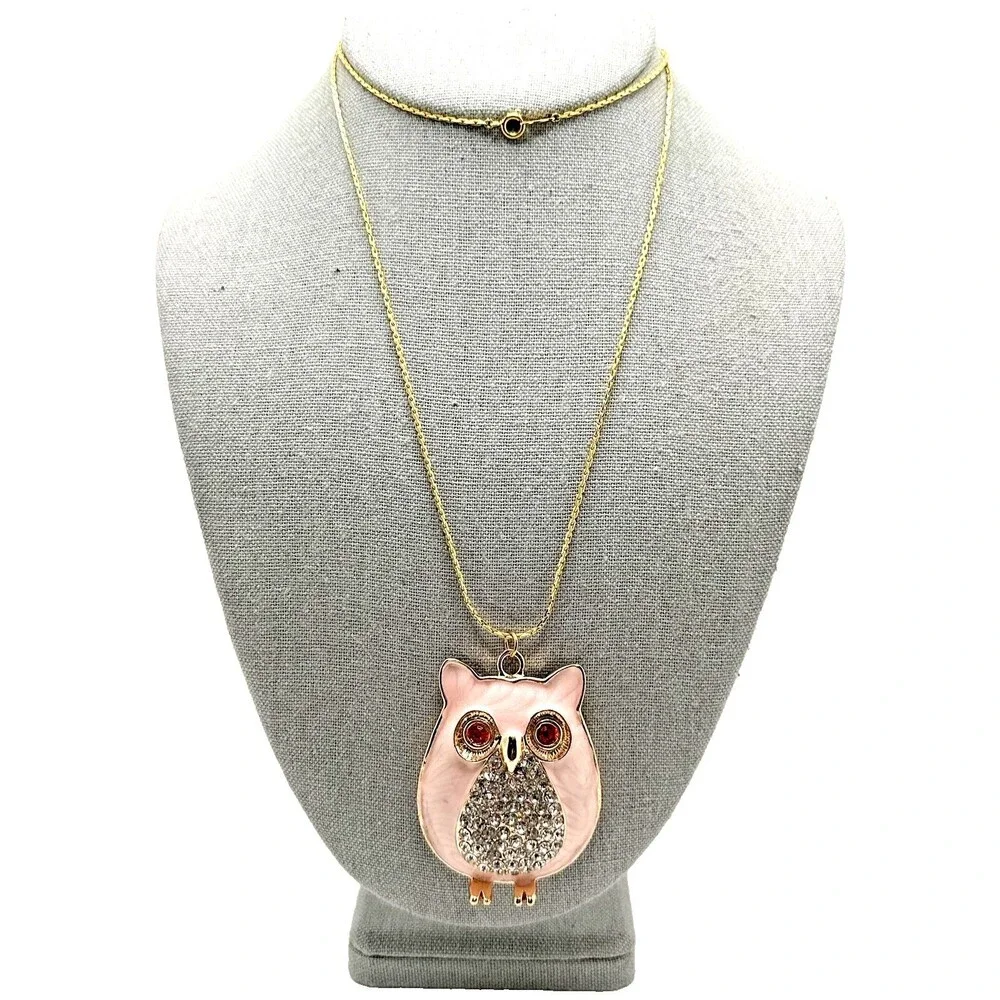 Vintage 80s Large Rhinestone Owl Pendant Necklace Pink Enamel Red Eyes Crystals